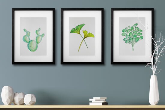 Aquarellbilder mit Gingko, Pilea und Kaktus