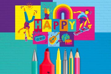 Gama de productos HAPPY: lápices de colores llamativos, rotuladores de punta fina, gomas de borrar y mucho más