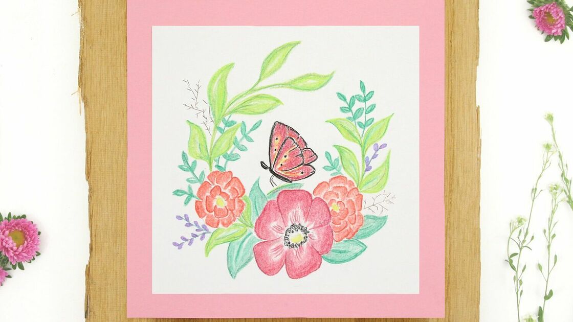 Disegno a pastello: ghirlanda floreale con farfalla
