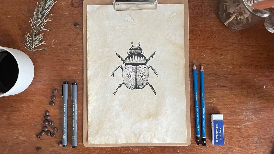 Monochrome drawing – beetle with dotwork drawing technique