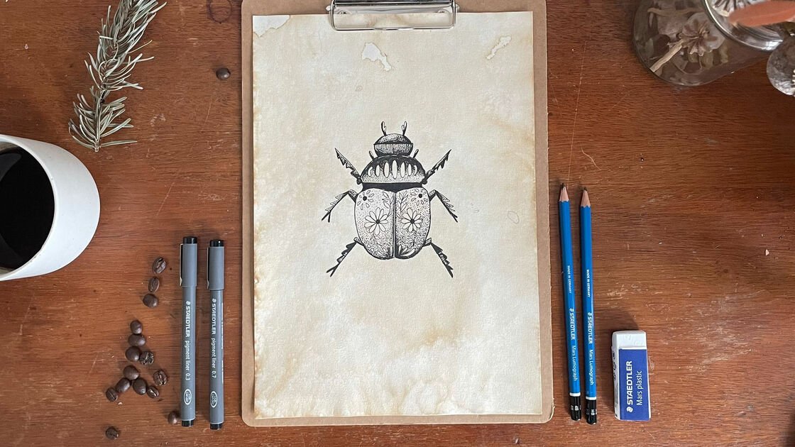 Monochrome Zeichnung – Käfer mit Dotwork Zeichentechnik