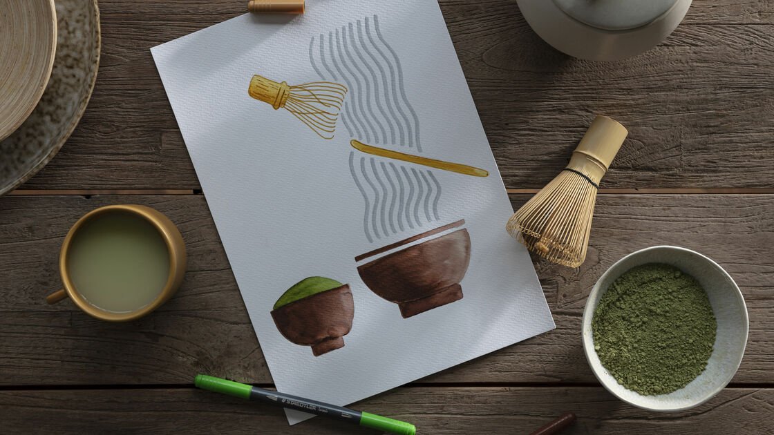Dibujo de té matcha al estilo japandi