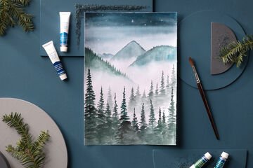 Monochrome Aquarell Landschaft malen – mystische Berge im Nebel