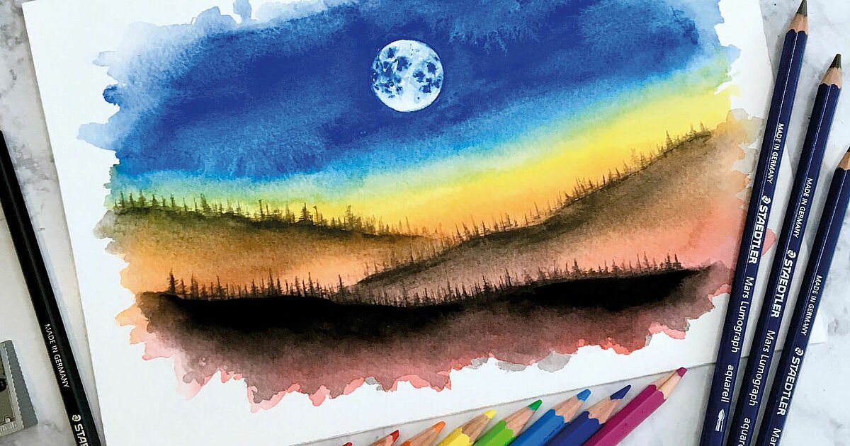 Drawing moonshine with watercolour pencils