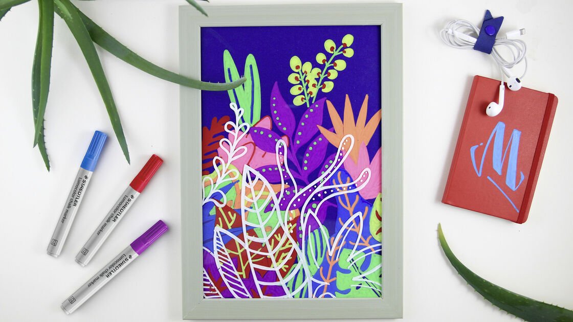 Drawing motifs on picture frame glass - Urban jungle in a picture frame