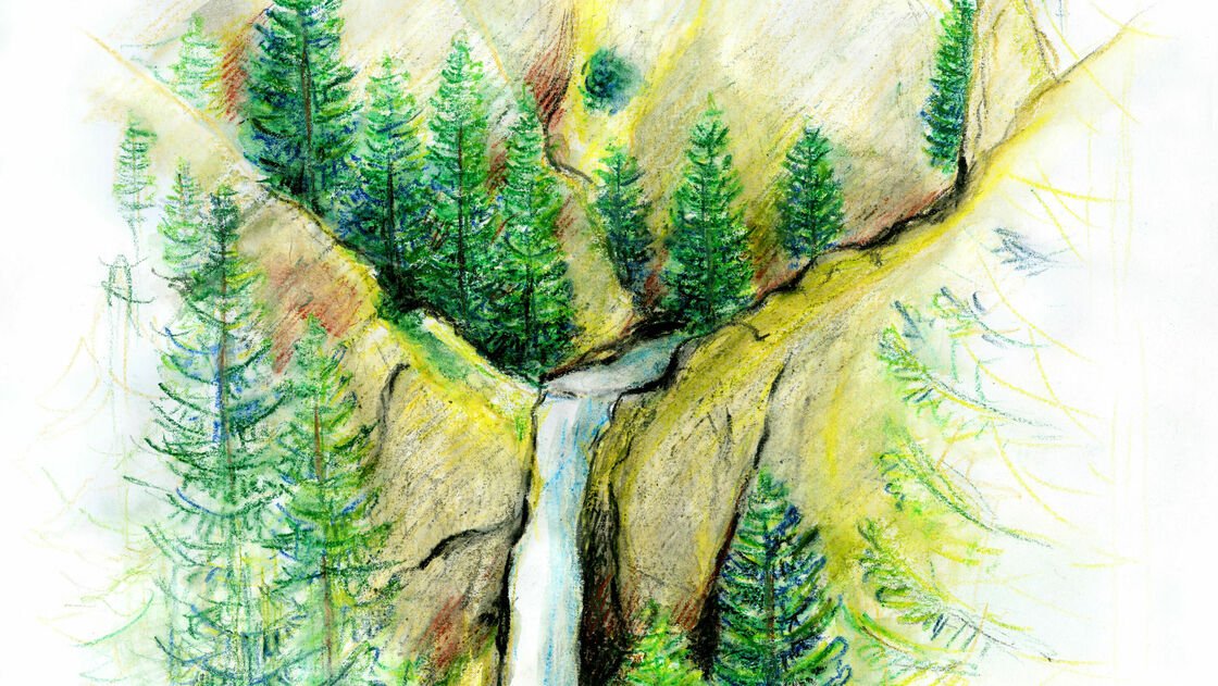 Wasserfall mit Aquarellkreiden zeichnen