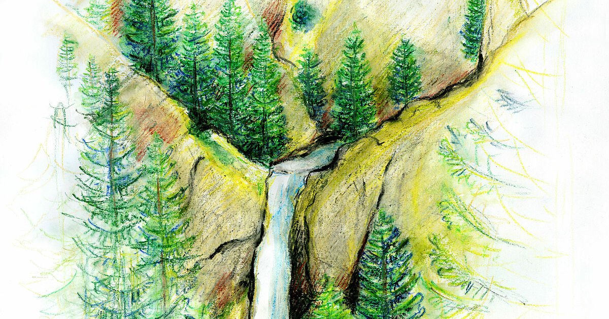 Imitation Of Pencil Drawing Of Travelling Smiling Girl Near Small Waterfall,  Shidu, China. Shidu Conservation Area Is One Of The Most Beautiful Places  With Unique Nature In China. Stock Photo, Picture and