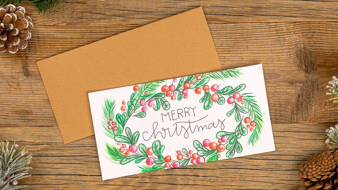 DIY Christmas card with watercolour pencils