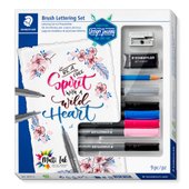 Cardboard box Brush Lettering Set containing 4 pigment brush pen in assorted colours, 1                pigment soft brush pen, 1 pigment pen, 1 drawing pencil, 1 eraser and 1 metal sharpener""