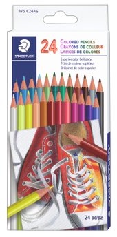 Cardboard box containing 24 coloured pencils in assorted colours