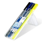 Caja STAEDTLER con 1 rotulador fino triplus negro, 1 bolígrafo triplus ball M azul, 1 triplus micro 0,5 mm y 1 triplus textsurfer amarillo, «Mobile office»