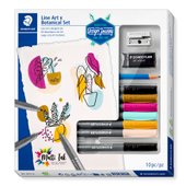 Cardboard box Line Art x Botanical Set containing 6 pigment brush pen in assorted                colours, 1 pigment pen, 1 drawing pencil, 1 eraser and 1 metal sharpener""
