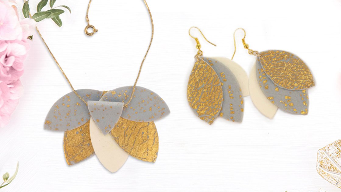 FIMO leather effect Gold leaf necklace earrings STAEDTLER
