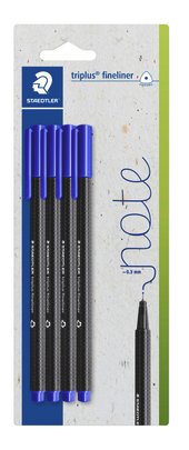 Blistercard containing 4 triplus fineliner made of recycled plastic, blue