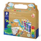 Cardboard carry box containing 4 fingerpainting tubes 75 ml in assorted colours, 1 pc                safety scissors and drawing activities booklet