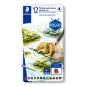 Metal case containing 12 tinted watercolour pencils in assorted colours