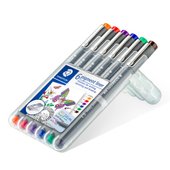 Caja STAEDTLER con 6 pigment liner en colores surtidos (naranja, rojo, violeta, azul, verde,                marrón) con un grosor de trazo de aprox. 0,3 mm