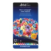 Metal case containing 12 coloured pencils in assorted colours
