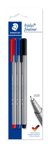 Blistercard containing 3 triplus fineliner in assorted colours