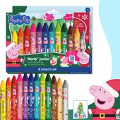 Kartonetui mit 12 Peppa-mäßigen Wachsmalkreiden (Sonderfarben Gold und Silber) und 1 Schaber