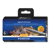 Cardboard box containing 6 pigment brush pen in assorted colours