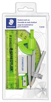 Polybag containing compass with blunt safety point and inch/metric measuring scale, 6                protractor, pencil, 6 ruler, sharpener and eraser in assorted colours""