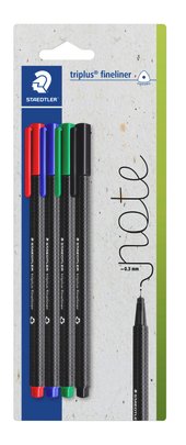 Blistercard with 4 triplus fineliner made of recycled plastic, assorted