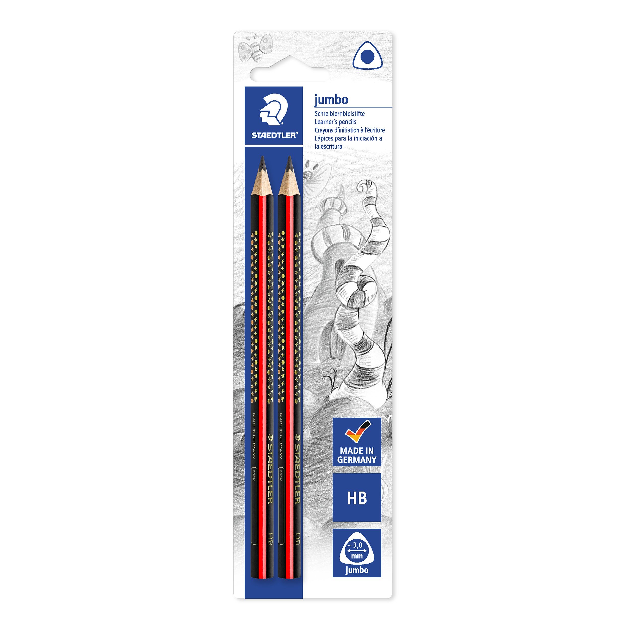 STAEDTLER Jumbo 1285 - Matita Per Imparare A Scrivere, Realizzata In Legno Upcycled Wood, Superficie Morbida Antiscivolo, Made In Germany, Con 2 Matite 2B, 1285-0 BK2