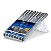 Caja STAEDTLER con 8 rotuladores pigment liner negros en diferentes grosores de trazo (0,05, 0,1, 0,3, 0,5, 0,7, 1,0, 1,2, 0,3-2,0)