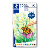 Metal case containing 12 chalk-pastel pencils in assorted colours