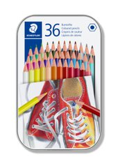 Metal case containing 36 coloured pencils in assorted colours