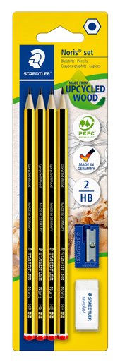 Blistercard containing 4 graphite pencils HB, 1 eraser and 1 sharpener