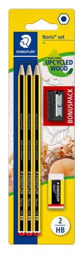 Blistercard containing 3 graphite pencils HB, 1 eraser and 1 sharpener
