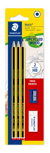 Blistercard containing 3 graphite pencils HB, 1 eraser and 1 plastic sharpener