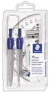 Plastic case with hinged lid containing a metal divider, a metal compass with universal                adapter, an HB pencil, a 6 protractor, a 6 ruler, a 30/60 degree triangle, a 45/90 degree triangle, a                shjarpener and a eraser""