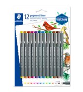 Blíster con 12 rotuladores pigment liner en colores surtidos (amarillo, naranja, rojo, fucsia, violeta, azul, azul claro, verde claro, verde, marrón claro, marrón, gris) con un grosor de trazo de aprox. 0,5 mm