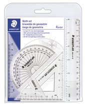 Wallet containing 1 math set with 6 ruler, 4 protractor, 45/90° triangle, 30/60°                triangle""
