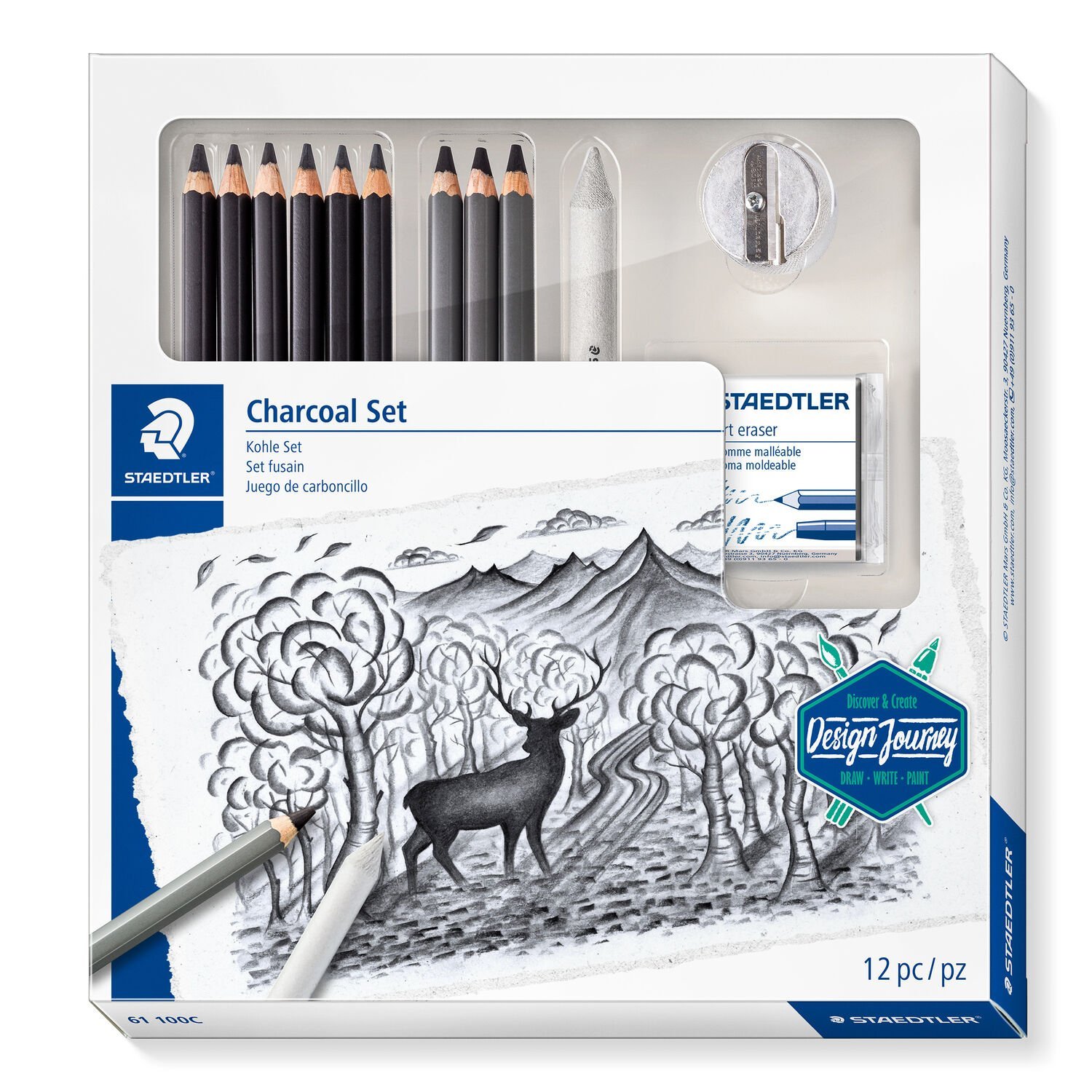 Cardboard box containing 6 drawing pencils in assorted degrees, 3 charcool pencils in assorted degrees, 1 paper stump, 1 kneadable eraser and 1 double-hole sharpener