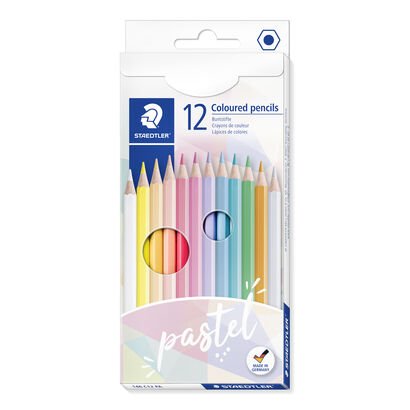 Cardboard box containing 12 coloured pencils in powdery colours, Pastel trend line