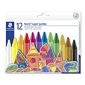 Cardboard box containing 12 wax crayons in assorted colours