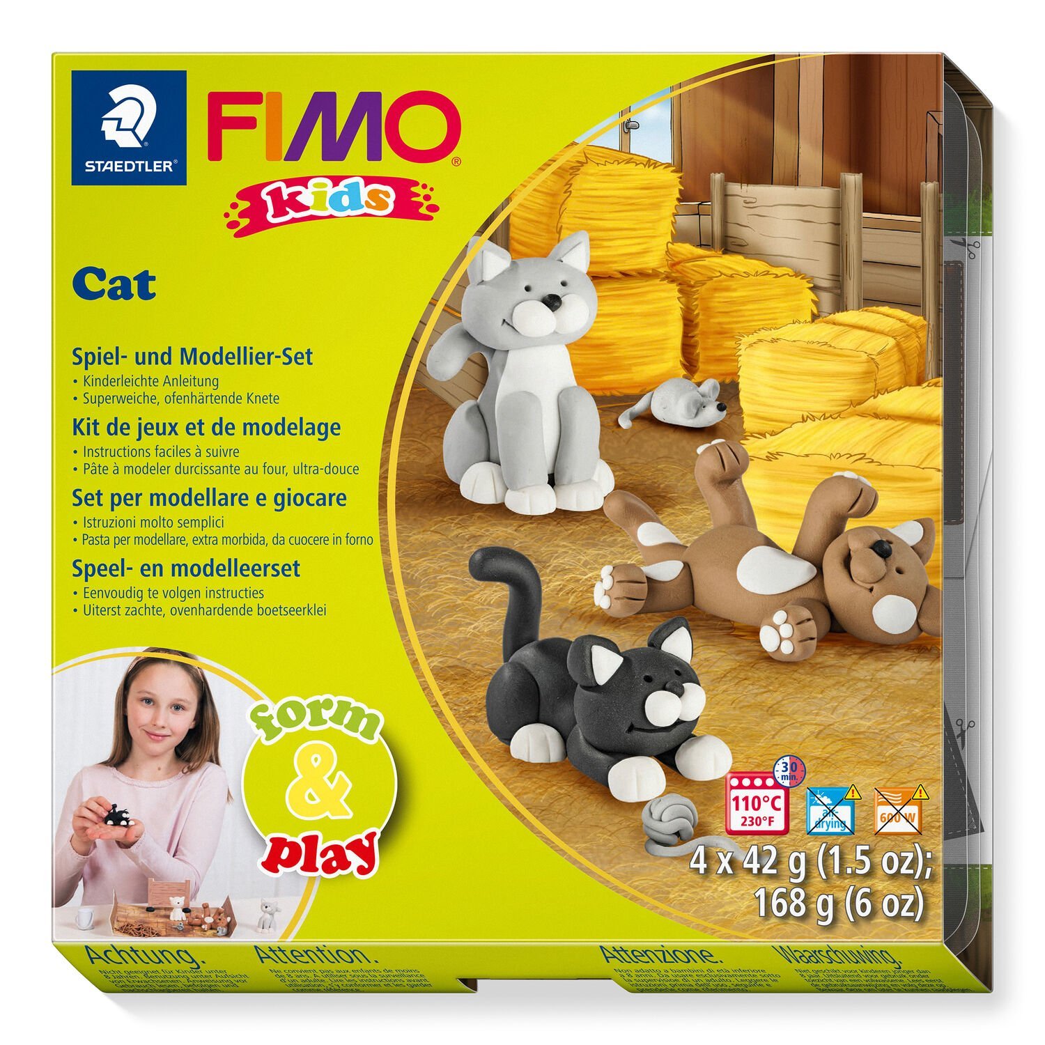 FIMO® kids 8034 - Ofenhärtende Modelliermasse Set „Cat“ mit 4 Blöcken à 42 g (weiß, hellbraun, hellgrau, schwarz), Modellierstab, Schritt-für-Schritt-Anleitung, Spieluntergrund / Bastelbogen, Aufkleber, Gebrauchsanleitung