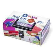 FIMO leather-effect Tool Box containing 1 block à 42 g (white), 5 blocks à 25 g (black, ivory, olive, rust, berry, indigo), 1 stamp set, 1 perforate wheel, 1 modelling tool set, 1 step by step instruction