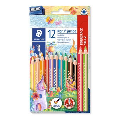 Cardboard box containing 10 + 2 coloured pencils in assorted colours and 1 sharpener