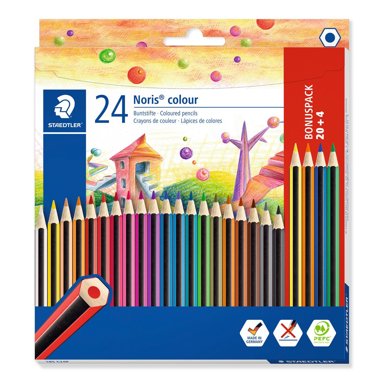 Cardboard box containing 24 coloured pencils in assorted colours