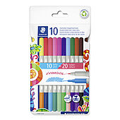 Cardboard box containing 10 double-ended fibre-tip pens in 20 assorted colours