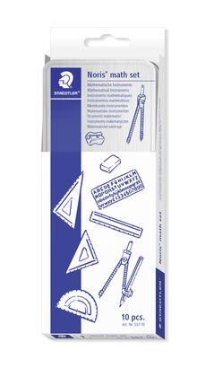 Metal tin containing 15 cm ruler, 180° protractor, 45° & 60° set squares, sharpener, eraser, pencil, compass, dividers and lettering guide