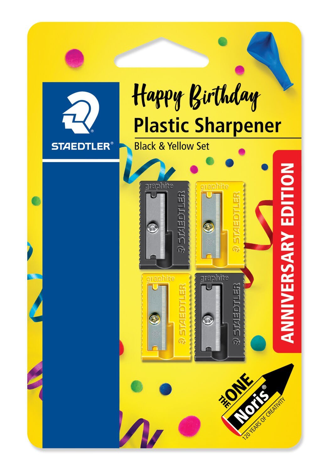 Blistercard containing 2 sharpeners in assorted colours - noris anniversary