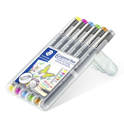 STAEDTLER box containing 6 pigment liner in assorted colours (yellow, fuchsia, light blue, light green, light brown, grey), line width approx. 0.5 mm