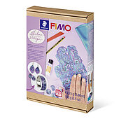 How-to-create set "Abalone Design" in a carton box with 4 half blocks à 25 g (assorted colours), FIMO gloss varnish 10 ml, 2 modelling tools, step-by-step instruction, FIMO instruction. Content changes reserved.