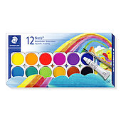 Single product containing 12 different, easy-to-blend watercolour paints, one tube of opaque white and one brush